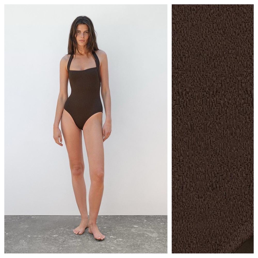 NWT. Massimo Dutti Brown Textured Halter Strap Swimsuit. Size L.